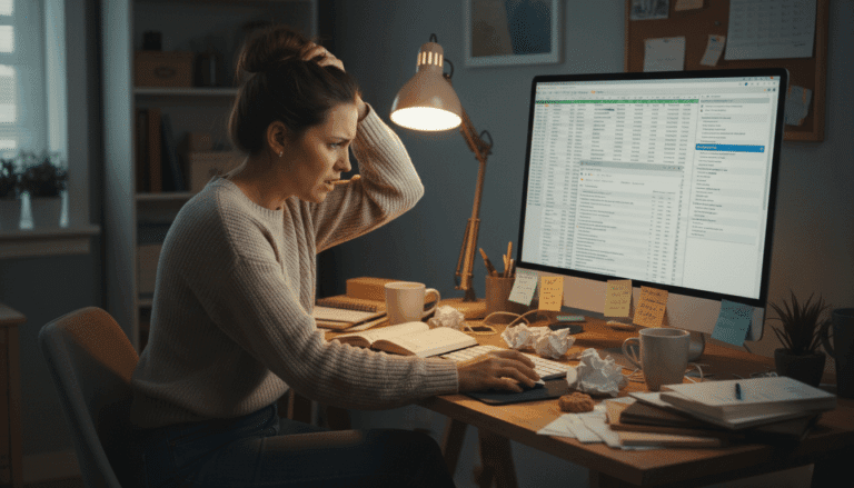 Eigenaar controleert voorraad tussen stapels spreadsheets