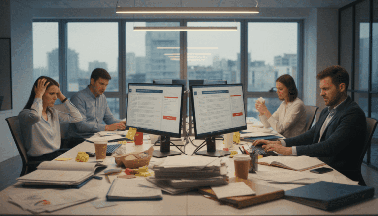 Gefrustreerde sales professionals werken aan verkoopstrategieyn