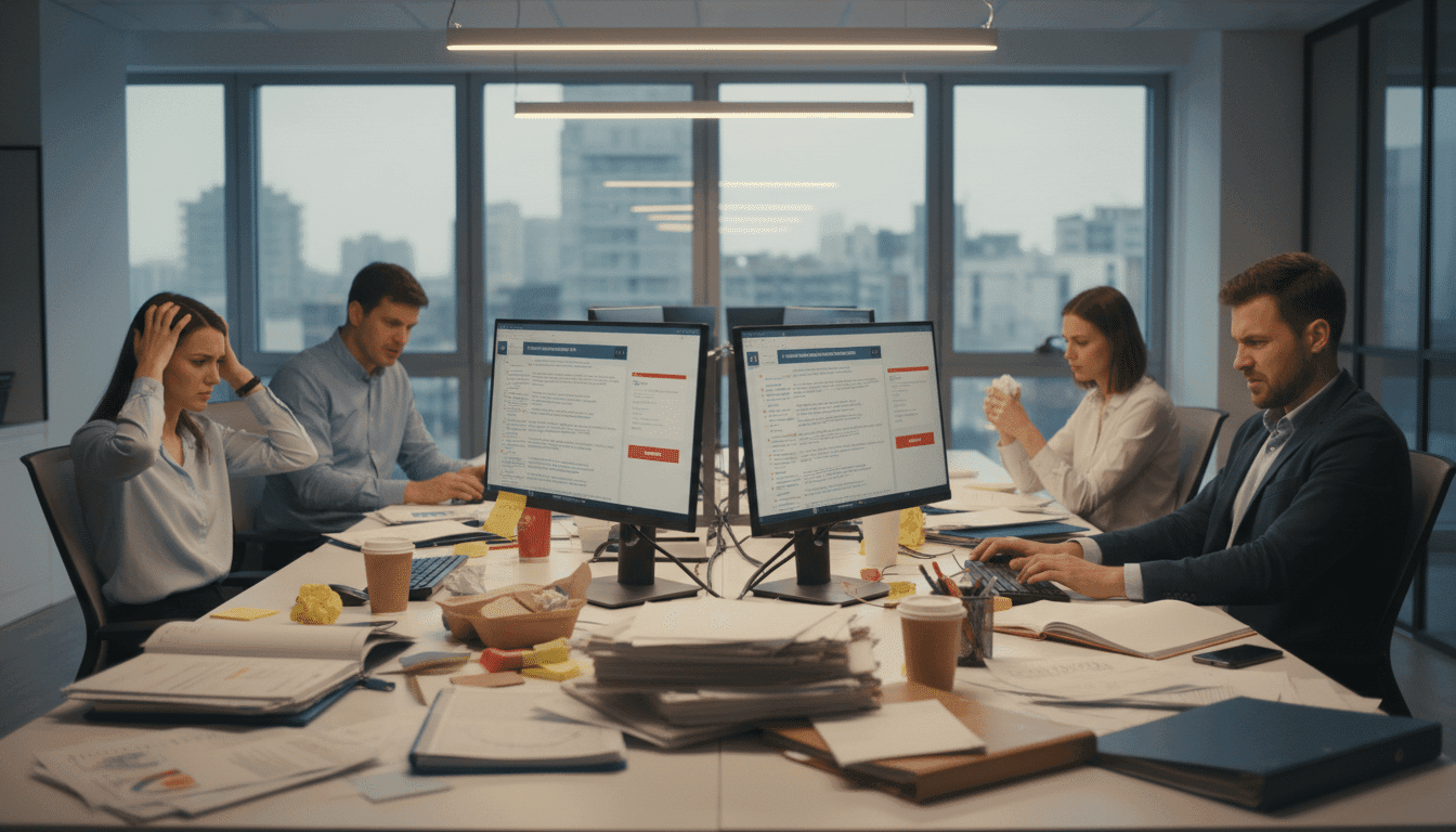 Gefrustreerde sales professionals werken aan verkoopstrategieyn