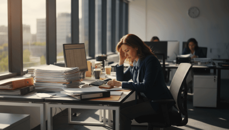 Gestreste HR manager bezig met aanwerving en automatisering