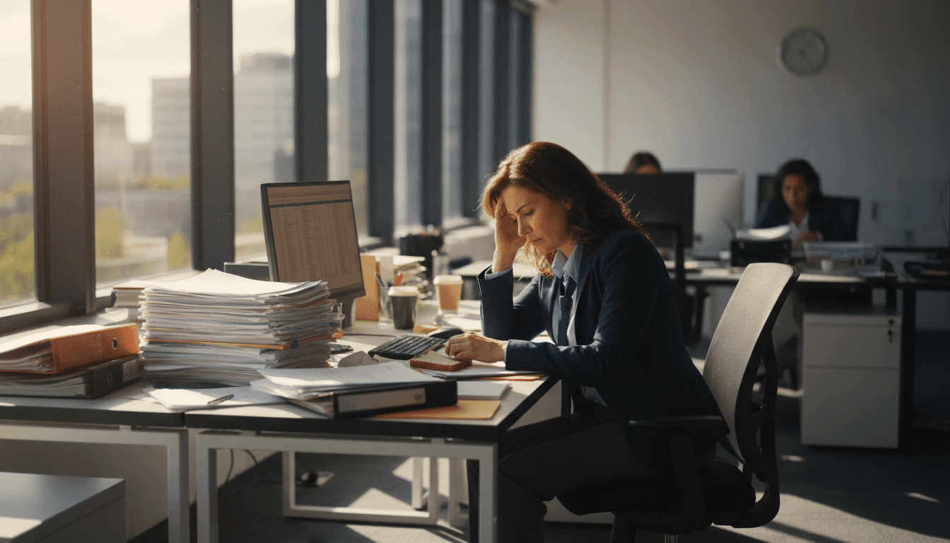 Gestreste HR manager bezig met aanwerving en automatisering