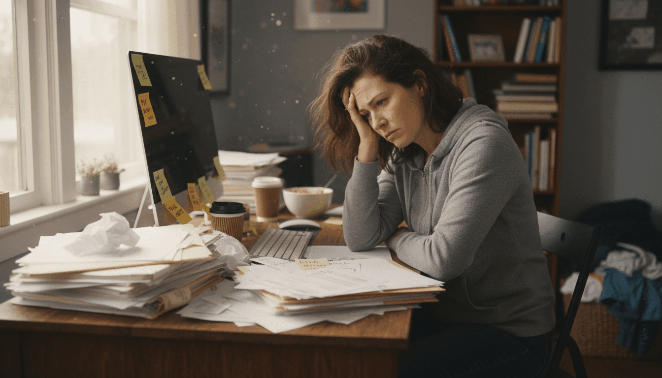 Gestreste ondernemer werkt tussen teksten betalingsherinneringen