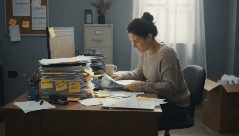 Kleine ondernemer met stapels facturen en opvolging