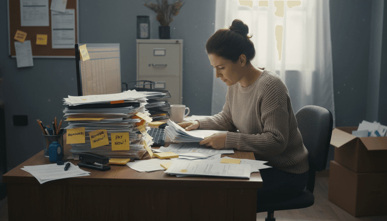 Kleine ondernemer met stapels facturen en opvolging