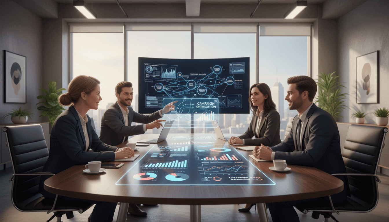 Professioneel marketingteam bespreekt AI analytics en campagnes