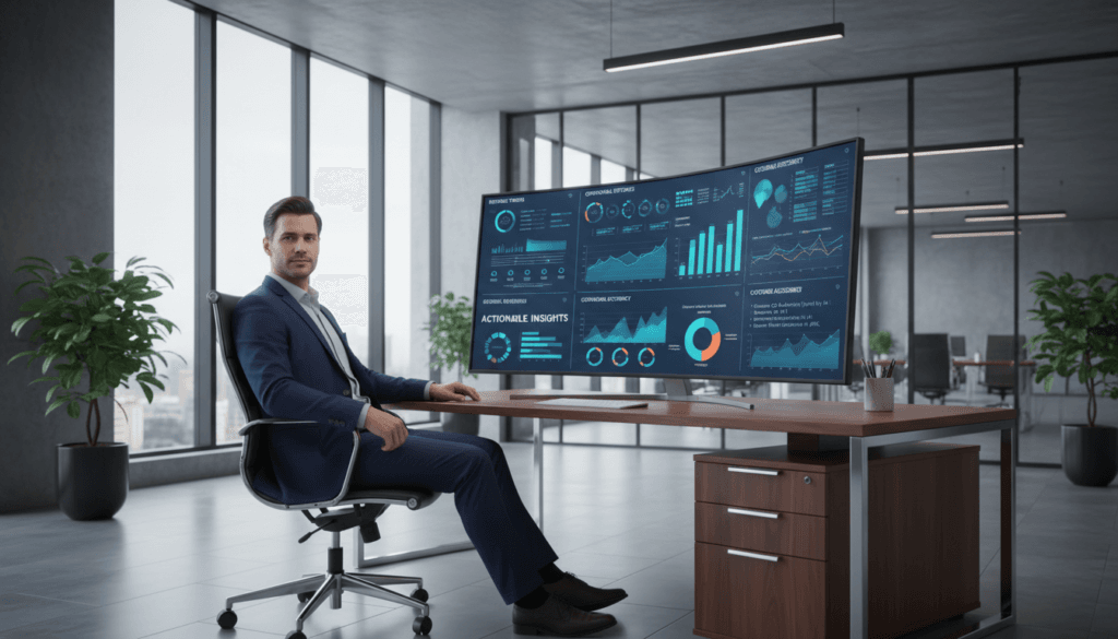 Bedrijfseigenaar bekijkt digitale dashboard met inzicht