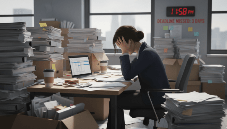 Een gestreste HR manager met stapels papieren reviews