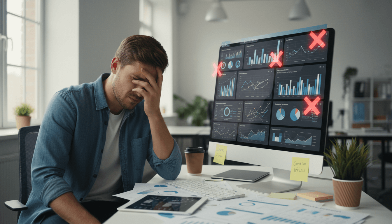 Een ondernemer worstelt met google ads analyse data