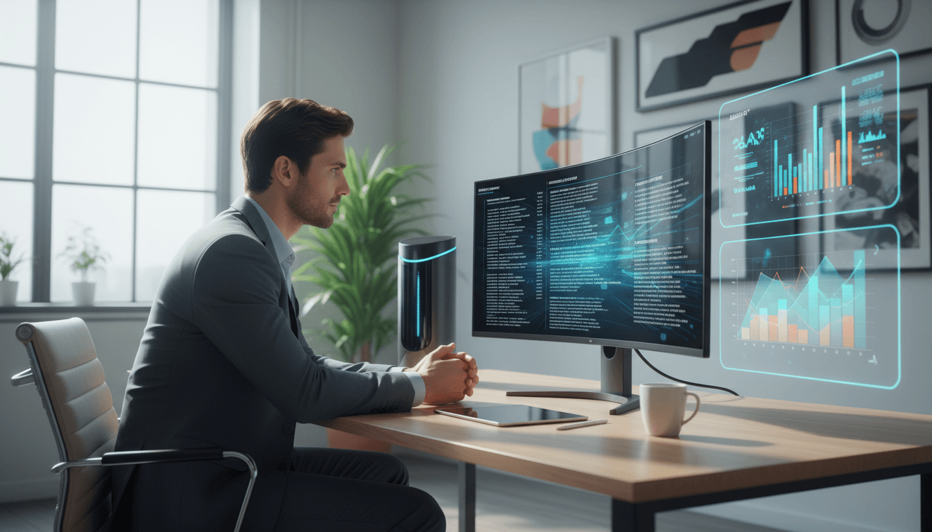 Jonge ondernemer kijkt naar geautomatiseerde kantoorplanning