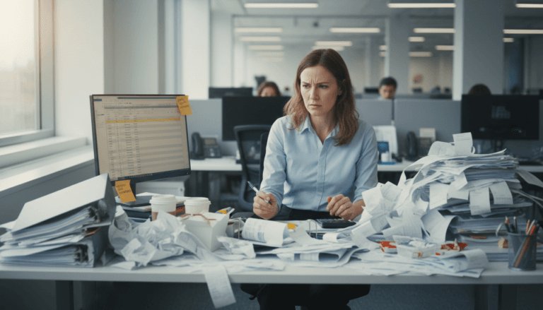 Kantoorworker overweldigd door papieren bij onkosten systeem