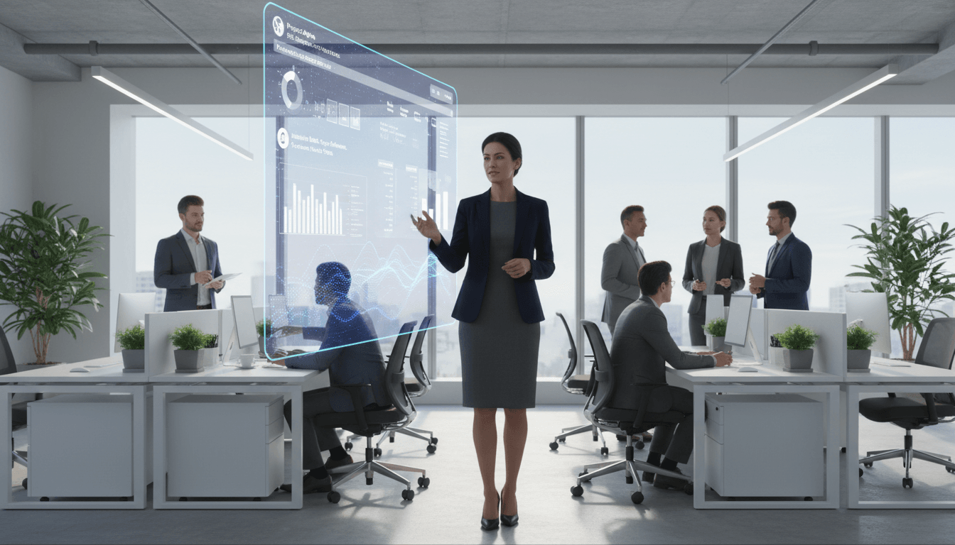 Projectmanager bekijkt updates in modern kantooromgeving