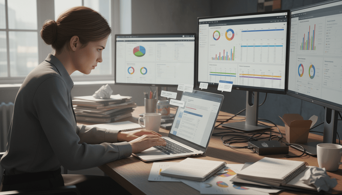 Projectmanager werkt gespannen bij een automatisering kantoor