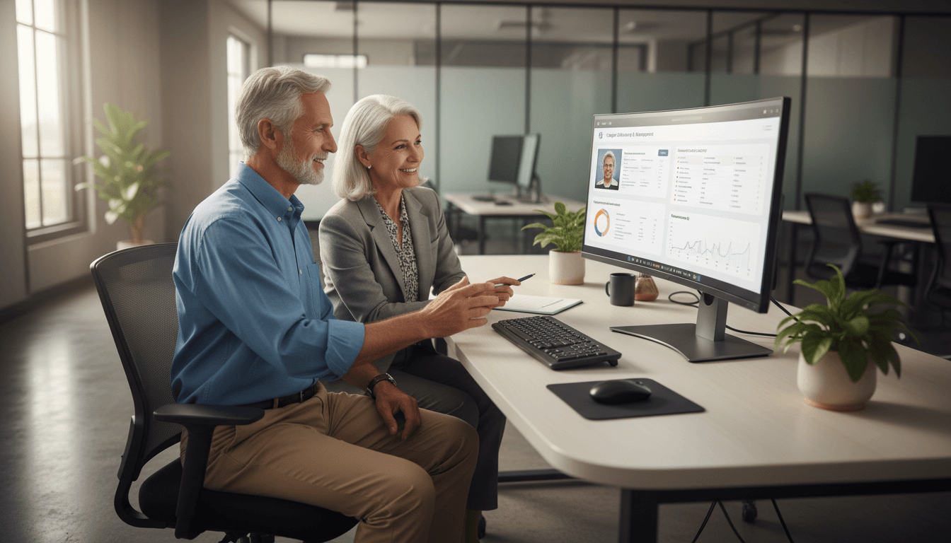 Twee senior zorgprofessionals werken met automatisering HR