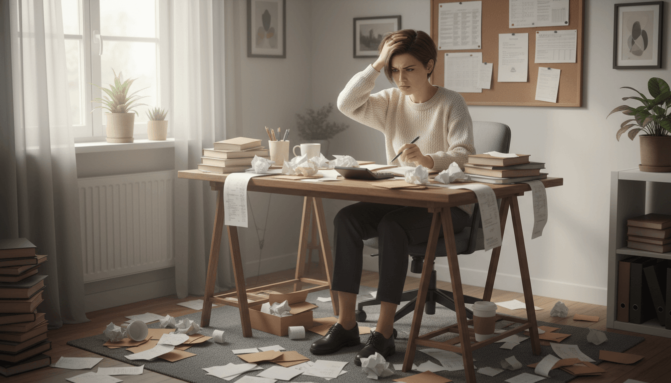 Een ondernemer worstelt met financiele administratie opdrachten