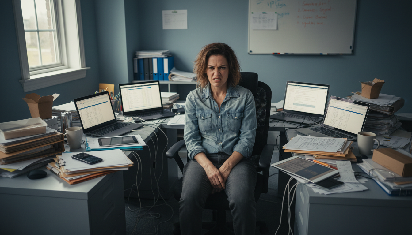 Gestreste ondernemer worstelt met papierwerk en apparaten