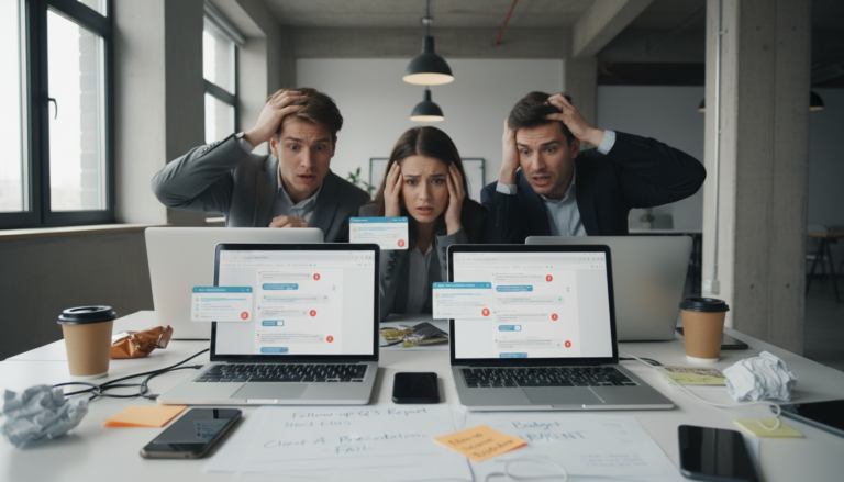 Gestreste team werkt samen aan taakbeheer mac