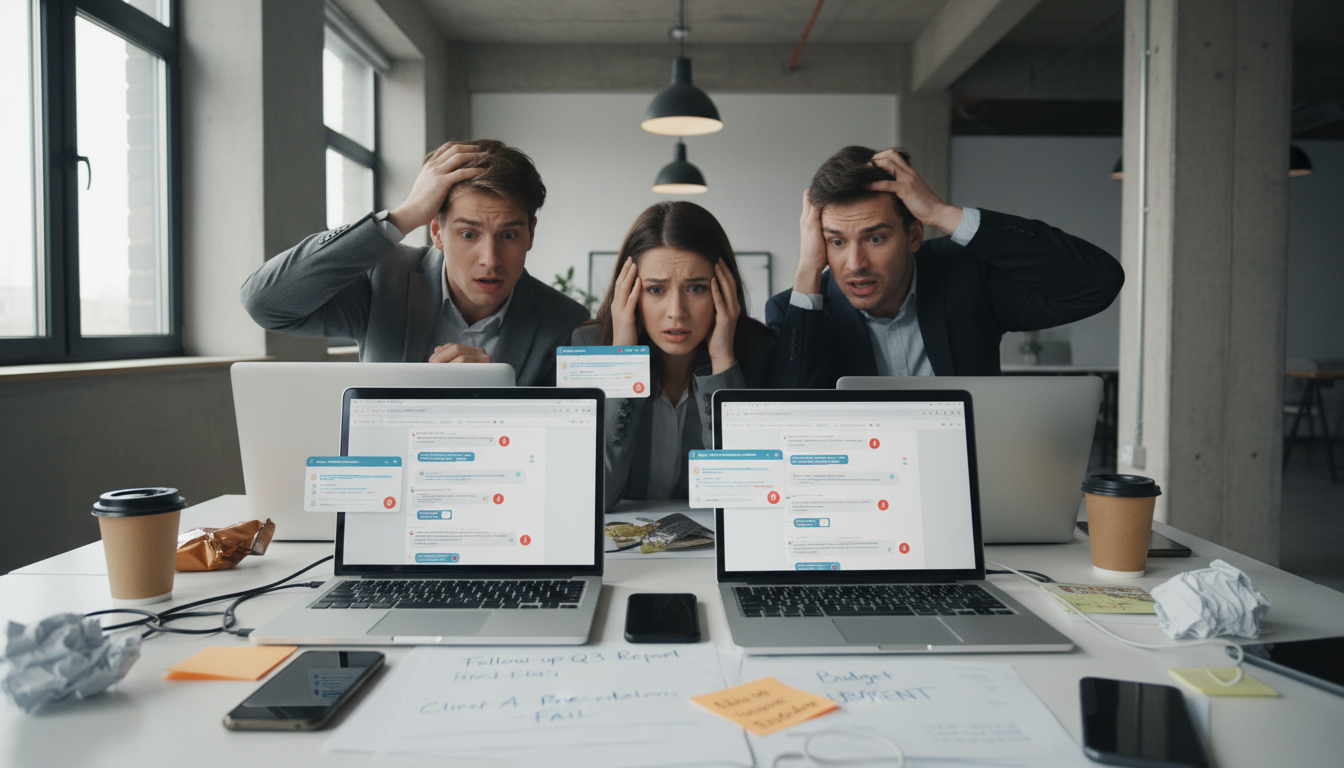 Gestreste team werkt samen aan taakbeheer mac