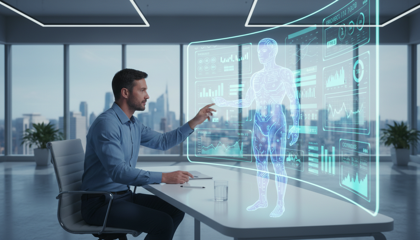 Ondernemer werkt samen met ai training online hologram