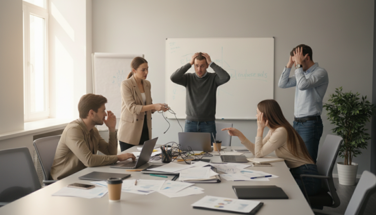 Team bespreekt actiepunten tijdens verwarrende vergadering