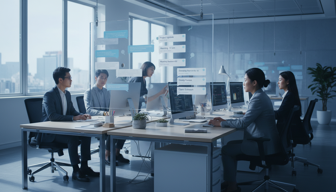 Team werkt geconcentreerd aan taakbeheer mac opdrachten