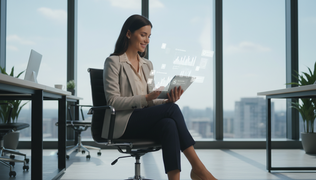 Zakenvrouw bekijkt factuur automatisering op tablet