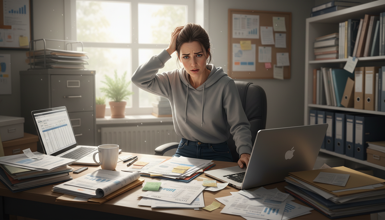 Een ondernemer worstelt met factuur software overzicht