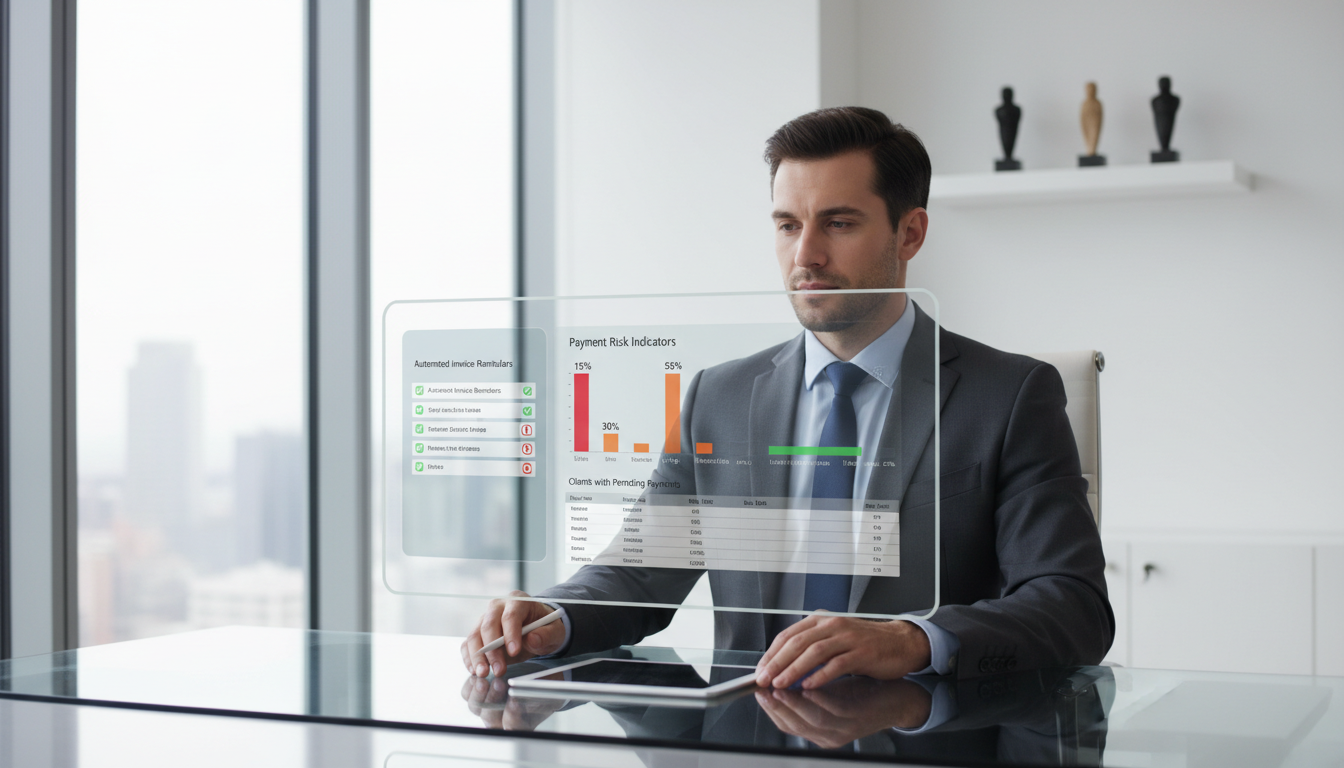 Zakelijke professional bekijkt factuur software dashboard rustig